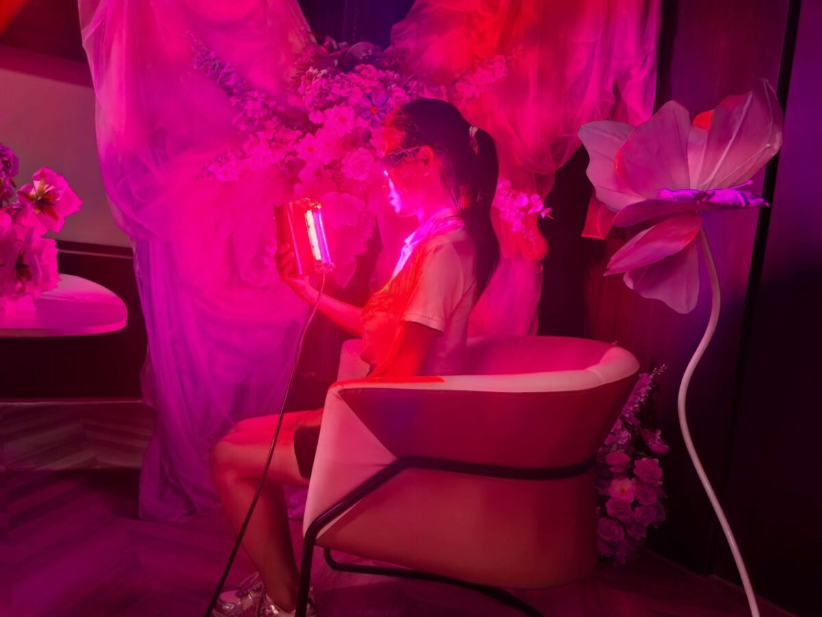 Woman using Sweet Aurora-D Home Use Vitamin D Light for Winter SAD Relief